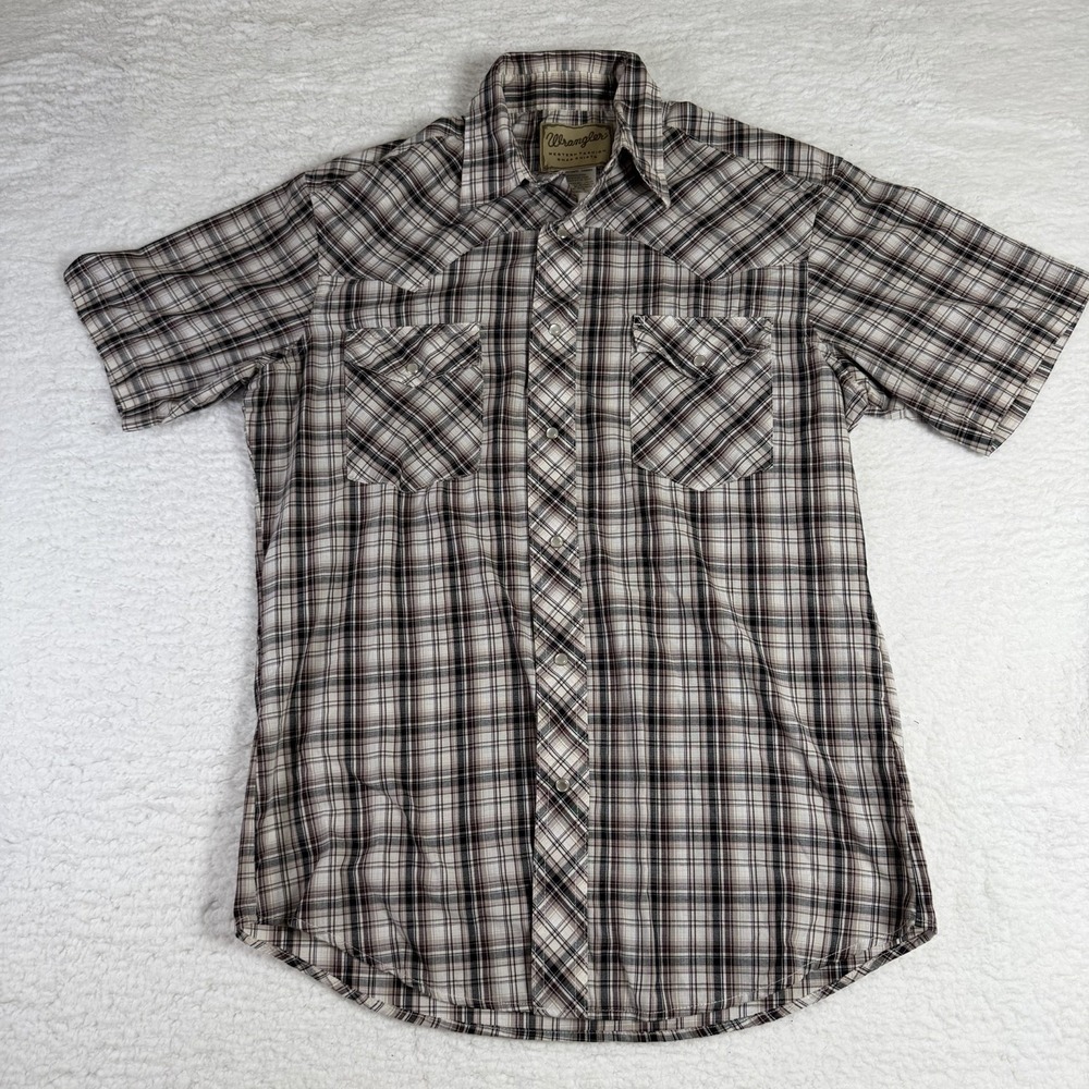 Wrangler Western Shirt Mens M Plaid Pearl Snap Short Sleeve Cowboy Rodeo